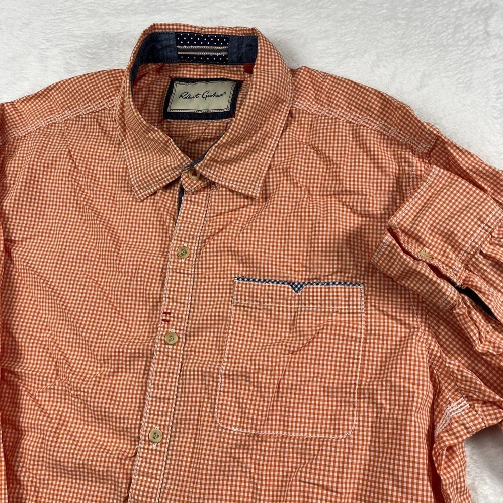 Robert Graham Shirt Mens XL Orange Gingham Tailored Fit Button Up‎ Lightweight